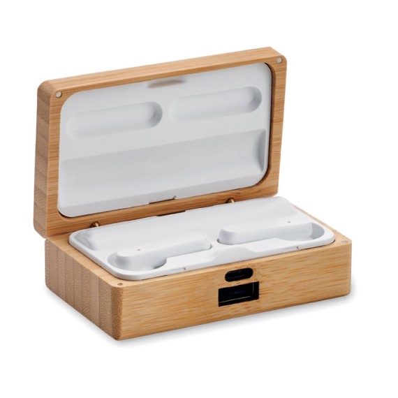 TWS earbuds in bamboo case